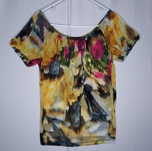 Karen Kane Vtg‎ Y2K Mesh Top Small Nylon Stretch Scoop Puffed Watercolor Floral